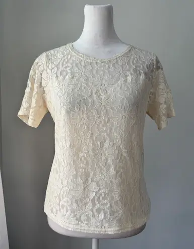 Vintage Y2K Bedford Fair Lifestyles Cream Lace Short Sleeve Blouse Size XS