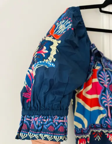 Farm Rio Puff-Sleeve Ruffled Floral Cotton Romper, Size S/M