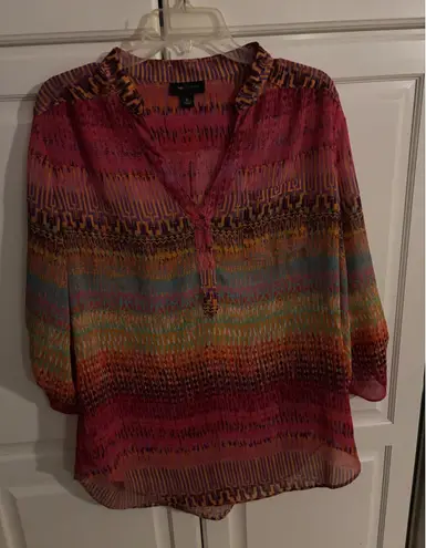 AB Studio Women's XL Geometric Print V Neck Tunic Blouse Top Roll Tab Sleeves