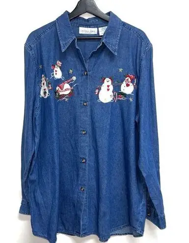 Victoria Jones Woman Denim Christmas Shirt Plus Size 1X Blue Button up Snowmen