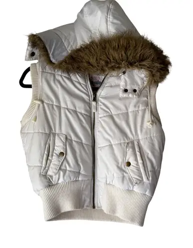 77 Seventy Seven Y2k White Puffer Vest Faux Fur Hood Quilted Zip Pockets Size L Size L