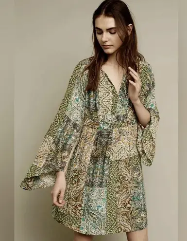 Anthropologie NWOT Green Floreat Dress Amelie 100% silk Kimono Style Boho size 4