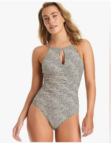 Ellen Tracy One Piece Swimsuit, High Neck with Keyhole Cutout Wheat, Speckled
