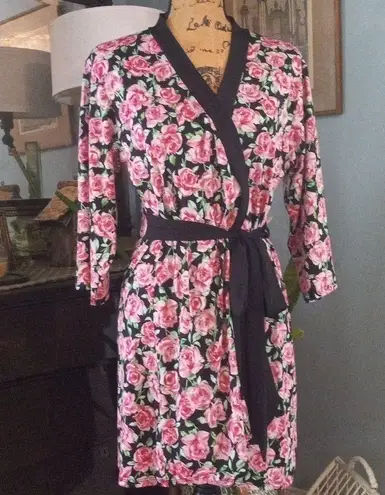 Laura Ashley Pink and Black Rose Printed Vintage Wrap Style Robe