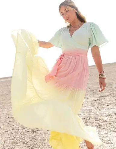 Ivy City Pastel Ombre Tiered Maxi Wrap Dress Cottagecore Spring Dress Sz S/M Pink