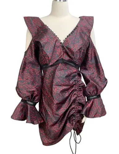 Beulah Red Black Stunning Runway Ruffle V-neck Dress Size L