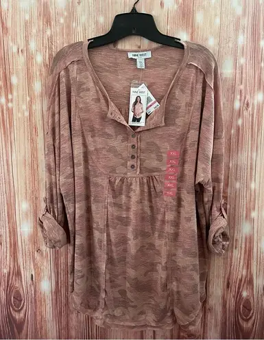 Nine West  Brinne Pink Camo Roll Sleeve Henley T Shirt