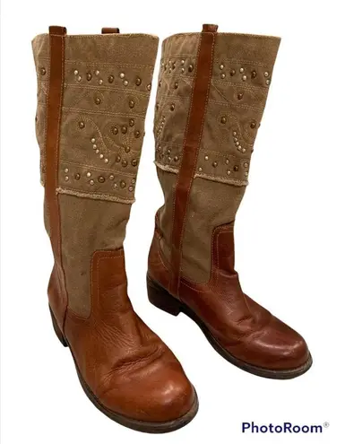 Paris Blues Pull On Leather/Canvas Studded Boots