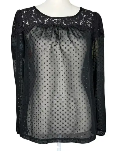 Elle Sheer Lace Black Long Sleeve Blouse Women’s Size Small Polka dot