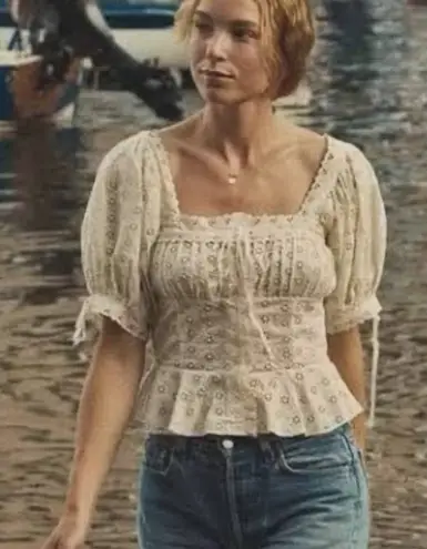 DOEN 🏹Docia Top Nutmilk EUC Cream eyelet puff sleeve top bow ribbon size small White