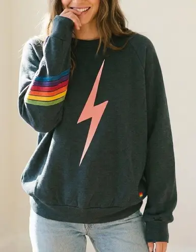 Aviator Nation Rare 7-Stripe Bolt Crew XL Gray Pink Bolt Rainbow Sleeve USA 70s