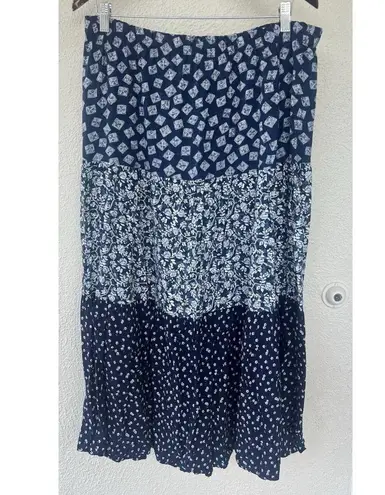 Vintage Boho Patchwork Maxi Skirt M Blue Floral Tiered Hippie Cottage Prairie Size M