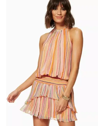Ramy Brook Tobie Striped Smocked Waist Sleeveless Orange Silk Mini Dress Small