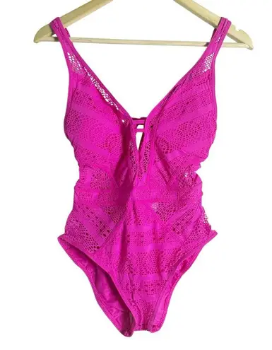 BECCA by Rebecca virtue BECCA Color Play Pink Crochet Plunge One Piece Swimsuit Size Medium
