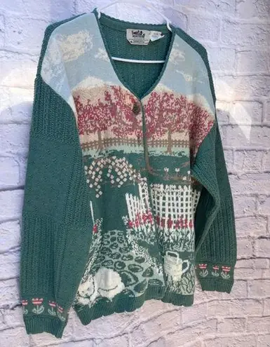 Northern Reflections Vintage  XL/TG Green Pink Floral Cat Cardigan Sweater