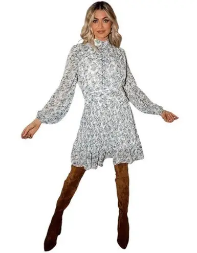 Ivy city co brynley dress, blue white floral print button down pleated ruffle Size M