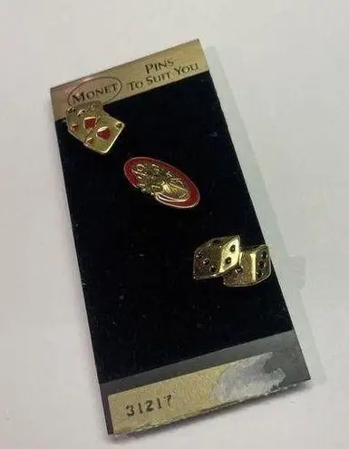 Monet Signed  - 3 Set NWT Set Of Gambling / Casino / Lucky Tack Pins Gold Tone