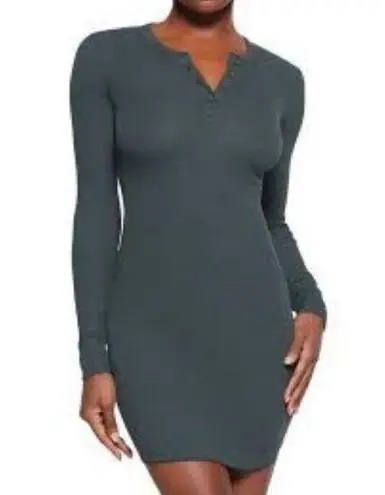 SKIMS Stretch Cotton Rib Long Sleeve Henley Dress Size Medium Green