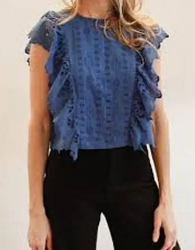 Sea New York Cropped Eyelet Ruffle Cotton Top Blouse Blue 4