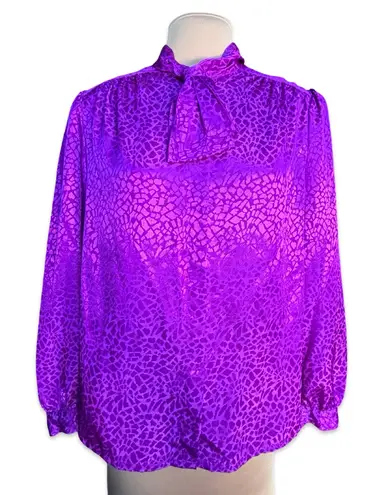 Vintage Purple Jacquard Bow Blouse Abstract Print High Neck Long Sleeve Size 14