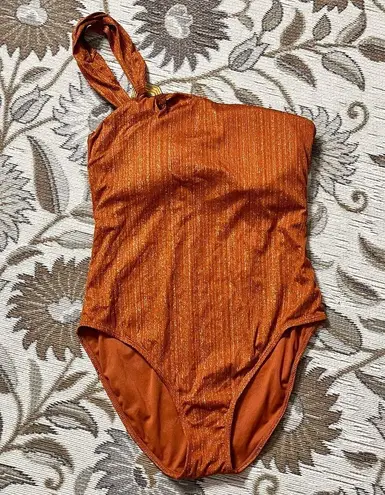 Sparkly One Shoulder Swimsuit One Piece Rust XL 16 18 NWOT Brown