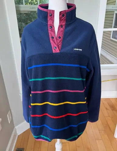 Land’s End Heritage Fleece Navy Blue Rainbow Stripe Quarter Snap Sweatshirt M Size M