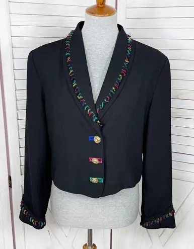 Vintage City Girl Petites 80s Rainbow Fringe Crop Blazer Jacket Black 12 Medium Size undefined