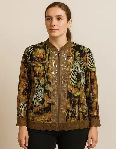 Vintage Sequin Zip Up Brown and Green Zebra Print Cardigan Size L