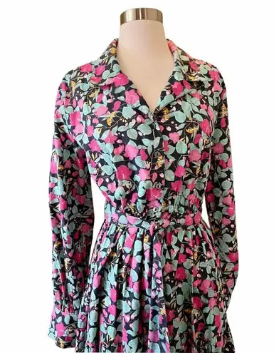 Roberta Roller Rabbit ROLLER RABBIT Shirt Maxi Dress Floral Blue Long Sleeve Cotton Button Down Medium