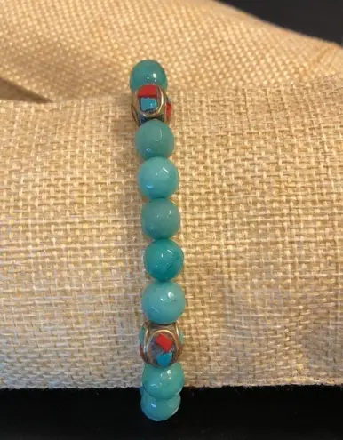 Faceted Jade Bead Bracelet w Bronze Accent Beads w Coral & Turquoise Inlay