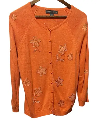 Josephine Chaus Y2K VTG Women Beaded Flower Cardigan L Peach Cottagecore Boho - Image 1
