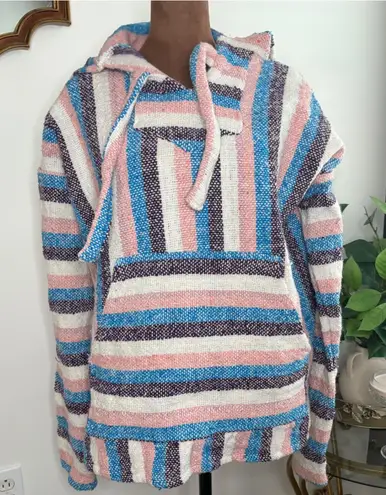 Striped Baja Hoodie Delmex Pullover Drug Rug Festival Bohemian Pink Blue