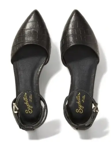 Seychelles PLATEAU ANKLE STRAP POINTED TOE FLAT BLACK CROCODILE What a Girl Want