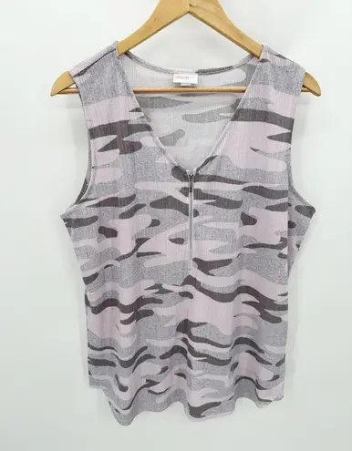 LuLaRoe  Top Women LAGE Pink Purple Grey Camo Print V-Neck Front Zip Tank