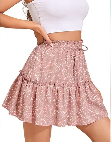 Pink White Dot elastic Waist Lightweight Mini Skirt sz Medium