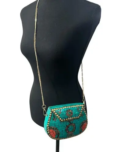 Ramla Handmade Moroccan Turquoise Tile Mosaic Clutch Crossbody with Gold Chain Blue
