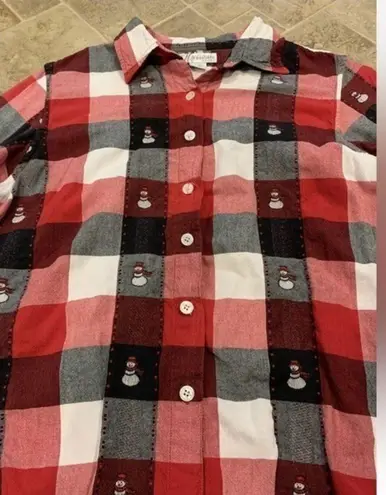 Dress Barn Snowman Checkered‎ Plaid Long Sleeve Button Up Size XL