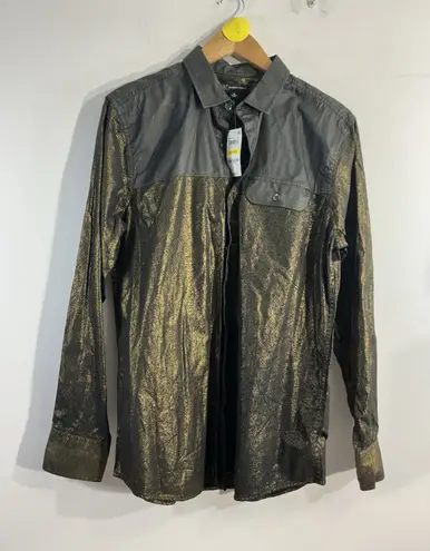 INC Womans Medium Casual Shine Black Bronze Shimmer Long Sleeve Button Blouse