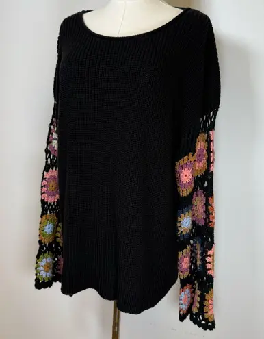Heyson Black Cotton Blend Sweater Crochet Floral Sleeves Women’s Size Medium