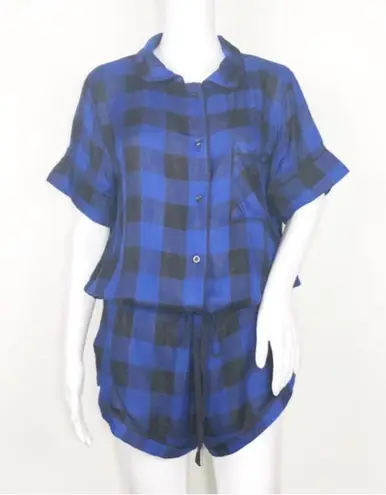 Revolve  Plush Pajama Shorts Set M Ultra Soft Plaid Blue Black Lounge Comfy thumbnail 3