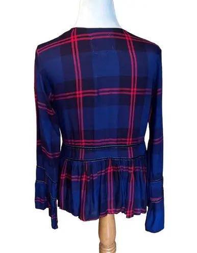 Thread and Supply  Navy and Red Plaid Peplum blouse w/ tie closure Size Medium