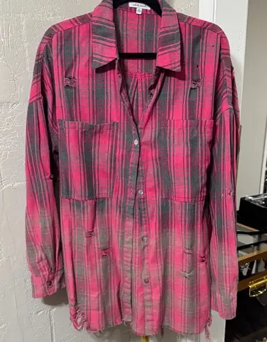 White Birch NWOT pink dip distressed plaid button down flannel western/rodeo XL