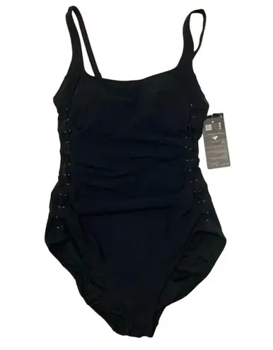 Profile  by Gottex Slimming Side Lace Solid Black One-Piece Swimsuit NWOT 8