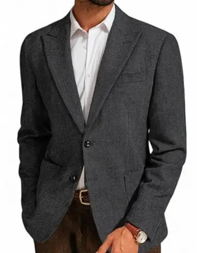 PJ Paul Jones Blazer SzXL Tweed Herringbone Classic Gray Wool Blend Work Career