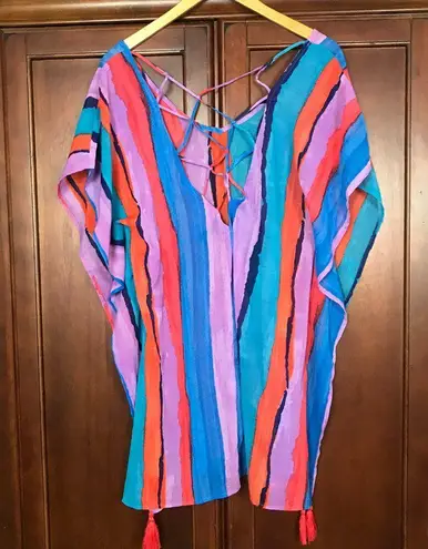 Beach Club Palisades  Women Colorful Sheer Swimsuit Cover-Up Tassels Size XS/S