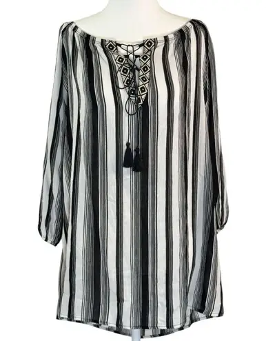 PPLA Blouse Womens Large Black Striped Summer Tunic Boho Peasant White Black