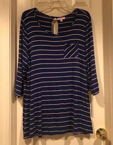 Molly & Isadora blue with white stripes long sleeve tunic sized 1X