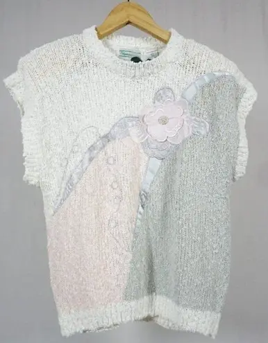 Shenanigans Woman's Large Square Chunky Knit Floral Short Sleeve Vintage NWT! White