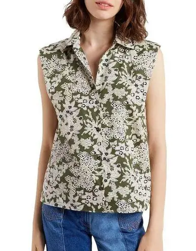 Gerard Darel | Size 1 | Carmel Printed Sleeveless Button-Down Top in Khaki Green