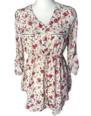 J for Justify Floral Print 3/4 Sleeve Button Front Gold Details Tunic Blouse